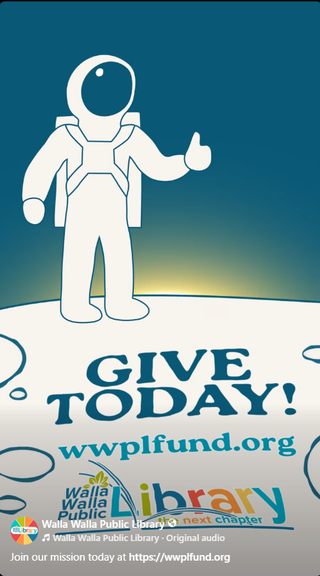 Image of an astronaut on the moon and the words "Give Today! wwplfund.org" and the library logo written on the moon's surface.
