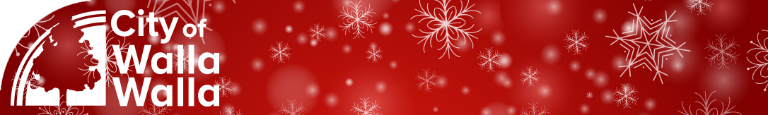 White snowflakes and the City of Walla Walla logo over a red background