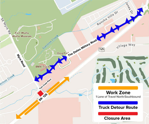 Myra closed between Twin Creek and SR-125; work zone on SR-125 by Myra, one lane each direction; truck detour on Dalles Military