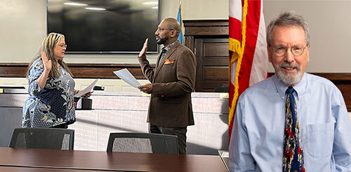 A City Clerk and Council member hold up right hands during oath of office, and a portrait of a Council member