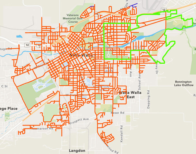 Map of Walla Walla showing leaf collection crews currently working in Wednesday's garbage area, in the northeast part of the city