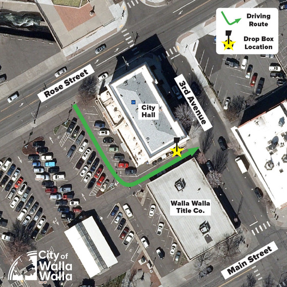 Map of the parking lot behind City Hall, with the recommended driving route and location of the drop box highlighted