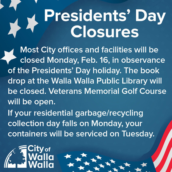 Most City offices and facilities will be closed Monday, Feb. 16, in observance of the Presidents’ Day holiday.