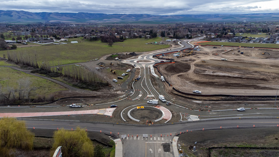 Myra Road South Extension Project, arial facing south of the project site and roundabout construction. 