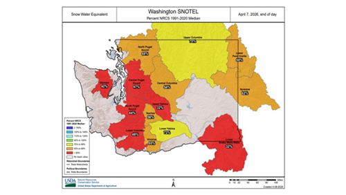 Map showing the snow-water equivalent in different areas of Washington state