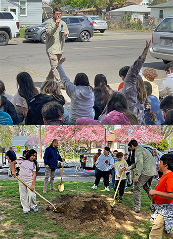A man holding a microphone gestures toward children raising their hands; and children shovel dirt around a planted tree