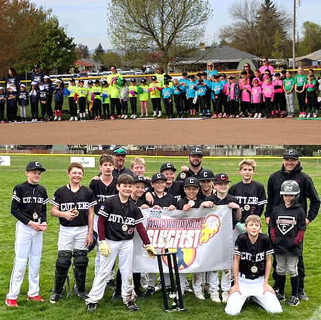 Five teams of young softball players in brightly colored shirts, and a team of middle school baseball players with medals and a trophy