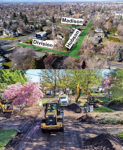 Aerial photo of a neighborhood with Division, Madison, and Hobson streets marked; and heavy equipment works on Madison street with its asphalt removed