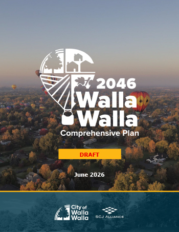 Cover of the 2046 update to the Comprehensive Plan — aerial photo of hot-air balloons and text reading '2046 Walla Walla Comprehensive Plan'