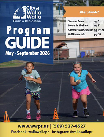 Cover of the 2026 Parks and Recreation Program Guide, featuring a photo of two children running on a track
