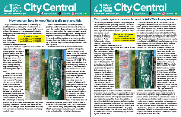 First page of the June 2026 City Central newsletter in English and Spanish, showing an article about flyers on utility poles