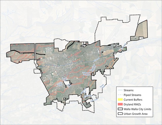 Map of locations where the 100-foot Riparian Management Zone should be applied within Walla Walla city limits