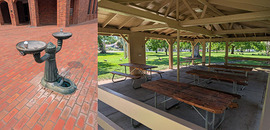Antique-looking drinking fountain on the bricks at 1st and Main, and a picnic shelter at Pioneer Park with open space where several walls were