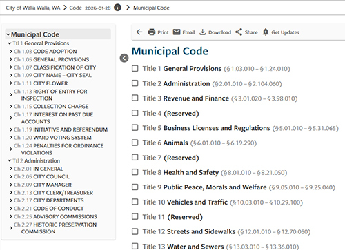 Screen capture of the Walla Walla Municipal Code website, with Title 1 in the left pane and a list of the titles in the right pane