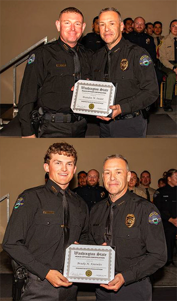 Two photos, each showing a police officer standing with a police chief and holding a certificate