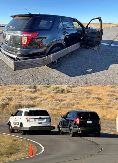 Police vehicle with protective bumper, and a police vehicle prepares to perform a PIT maneuver on a police vehicle with a protective bumper