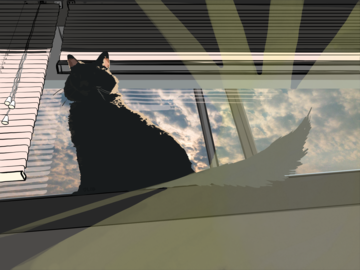 Illustration of a cat in silhouette, sitting in a bright window, the blue sky, clouds and sun rays visible. 