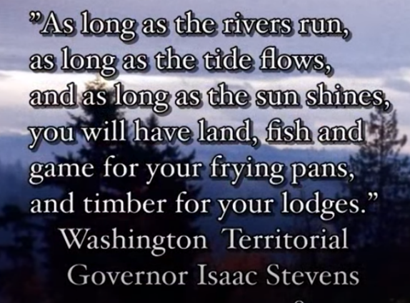 Quote by Governor Isaac Stevens, in white serif font block letters, over footage of a sunset sky and tree line.