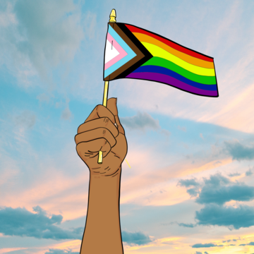 Illustration of a brown hand holding the Pride Progress flag high into the air, against clouds and a bright sky.