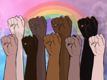  Illustration of nine outstretched arms making the ‘black power fist’ toward the sky, all varying skin tones, in solidarity.