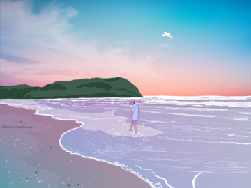 Illustration of a person waking away along the beach shoreline, next to calm water, lined by cliffs in the distance, bathed in an orange sunset.