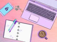 Illustration of: an open laptop, locked phone, coffee cup, and two pens on top of an empty notebook, with stars doodled in the corners of the pages. 