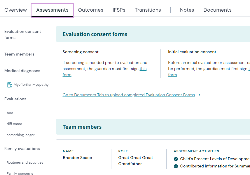Screen shot of the Assessments tab, a new feature available for preview in the ACORN training environment