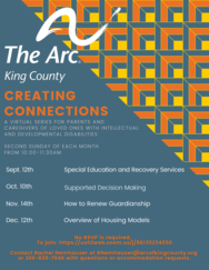 The flyer is green-ish blue with white and orange texts. On the right top, there is a big triangle of yellow and orange squares