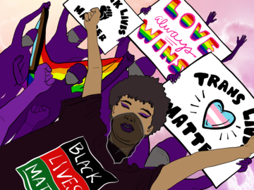 Illustration of a group of protestors passionately marching for equality, holding signs in support of gay, trans and black lives