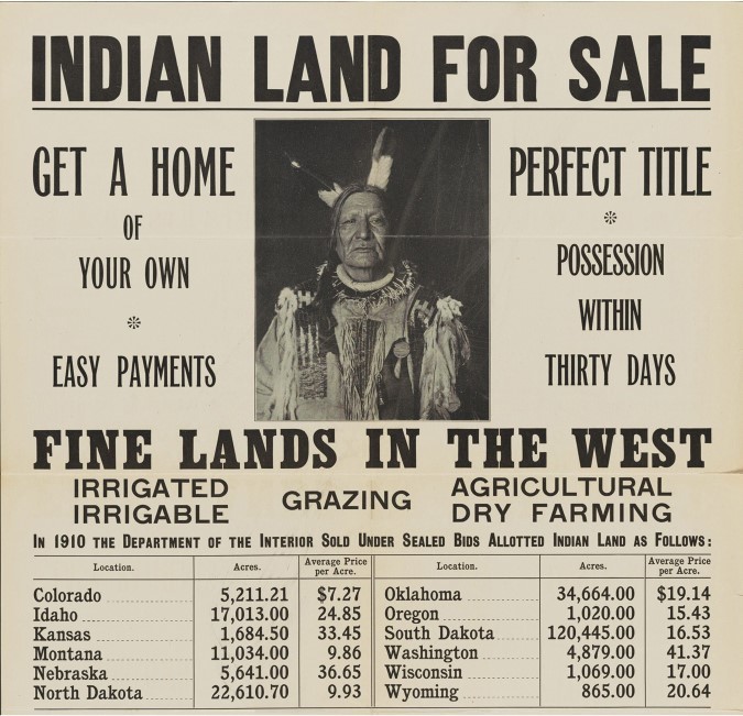 Photo of an old newspaper ad selling off Indian land across the United States.