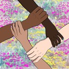 Illustration of 4 hands and arms of varying skin tones, holding on to each other’s wrists in solidarity, in a flowering field.