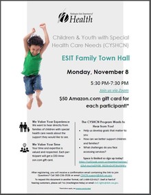 Flyer for ESIT Town Hall with a boy jumping for joy 