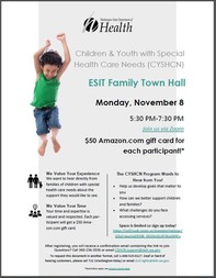 Flyer for ESIT Town Hall with a boy jumping for joy 