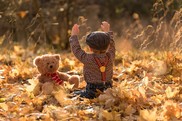 Child playing in the fall leaves