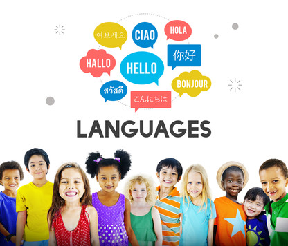 Children with graphics and words saying Languages 
