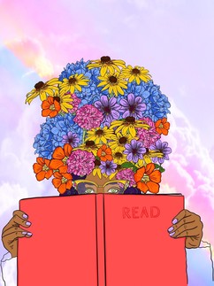 Illustration of someone peeking over a book, reading, as their imagination literally blooms into a tall garden of flowers on top of their head.