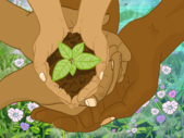 Illustration of three pairs of hands cupped together around one another, the smallest hand inside holding soil and a small, green plant-start.