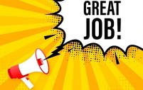 Cartoon image of bullhorn with word bubble saying, "Great Job!"
