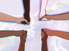 Illustration of four pairs of hands, of varying skin tones, grasped together in solidarity from each corner of the frame.