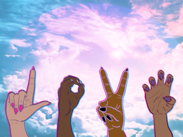 Illustration of hands in various skin tones, with long, fancy nails, spelling out the word L-O-V-E in American Sign Language.