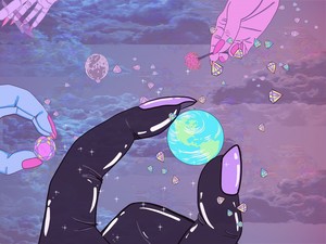 Illustration of an epic outer space scene, featuring oversized, ethereal fingers gently holding the plant earth like a marble. 