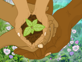 Illustration of three pairs of hands cupped together around one another, the smallest hand inside holding soil and a small, green plant-start.