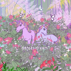 Colorful illustration of two unicorns resting in an enchanted garden, surrounded by greenery and pink flowers.