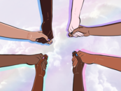 Illustration of four pairs of hands coming from each corner of the page, of varying skin tones, clasped together in solidarity. 