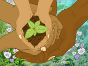  Illustration of three pairs of hands cupped together around one another, the smallest hand inside holding soil and a small, green plant-start.