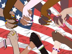 Hands clasped together in solidarity, wearing jewelry and with nails painted representing the different LGBTQIA flags, across the USA flag.