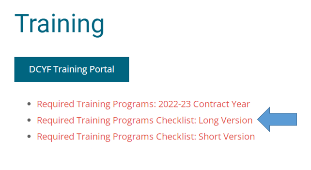 Screen shot from DCYF Training webpage of new guidance added to DCYF Training Portal 