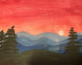 Painting of evergreen trees and blue mountains, against a red-orange sunset and a bright yellow sun.