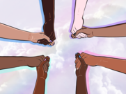 Illustration of four pairs of hands of varying skin tones, coming from each corner of the page, clasped together in solidarity