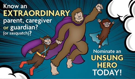 Illustration of a sasquatch family, a parent and two kids, dressed as superheroes, flying through the clouds. 